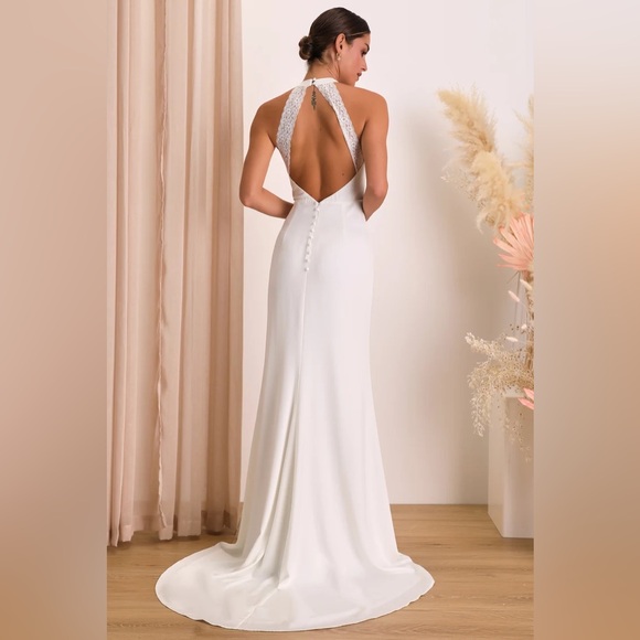 Radiant Adoration White Satin Lace Backless Halter Maxi Dress - Picture 2 of 5